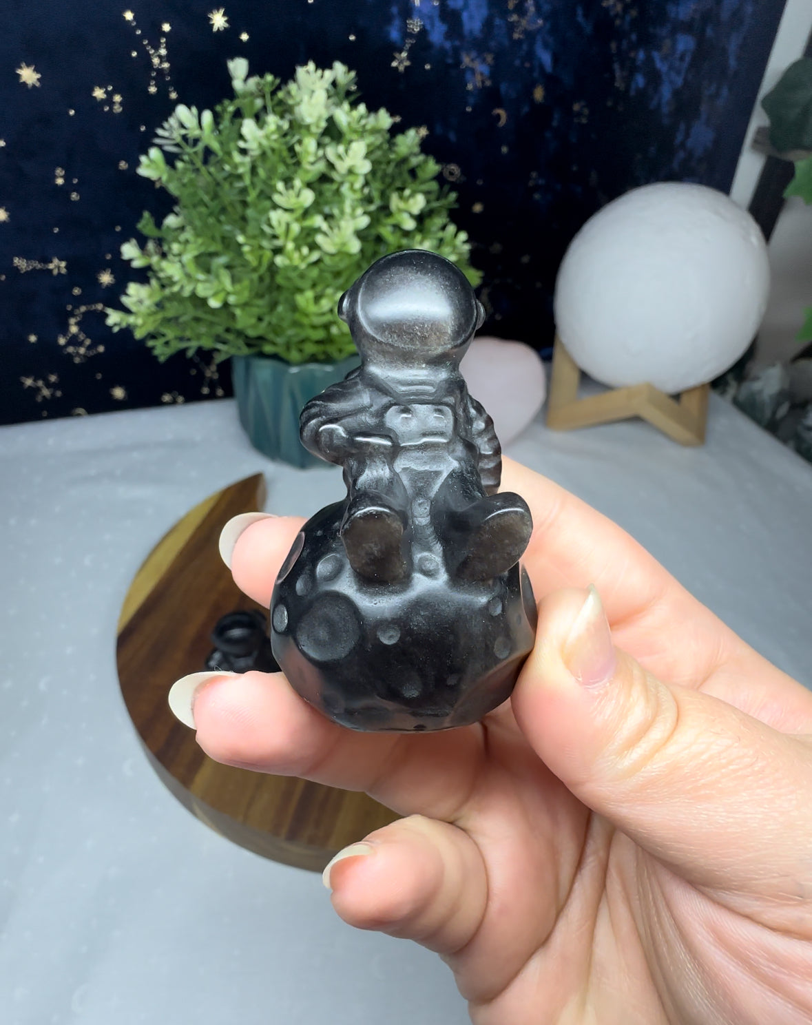 Silver Sheen Obsidian Astronaut on Moon